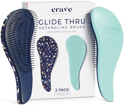 Crave Naturals Glide Thru Detangling Hair Brushes for Women - Detangler Brush for Curly or Straight, Wet or Dry Hair - Gentle on Tangles Comb - 7.5x3-Inch, Turquoise and Terrazzo (Pack of 2) by CraveNaturalsDetanglingBrush