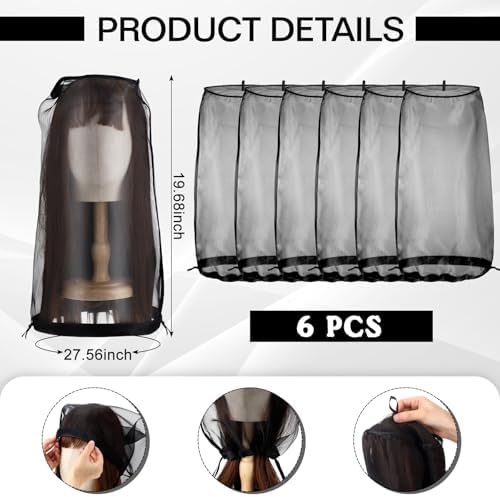 Loopeer 6 Pcs Wig Storage Bag Adjustable Wig Cover with Drawstring,Black - Image 2