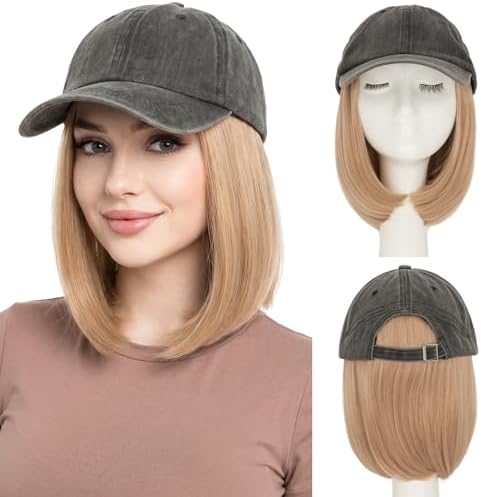 SEGO Unisex Vintage Baseball Cap with Hair Extensions for Women Synthetic Hair Attached Short Straight Hairpiece Dark Gray Baseball Cap Wig Adjustable Hat Wigs for Women 6 Inch 18A Light Blonde by SEGO