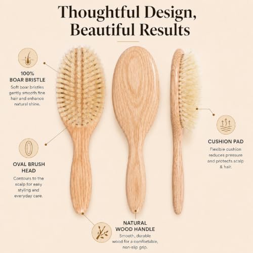 100% Boar Bristle Hair Brush for Fine Hair, Soft Boar Bristle Oval Cushion Brush for Girls & Women with North American Oak Wood Handle, Wide Tooth Comb & 2-in-1 Cleaning Tool for Daily Shine - Image 3