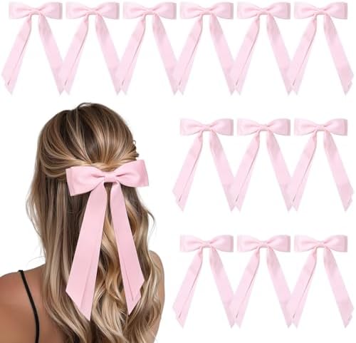 12PCS Pink Hair Bows, Large Ribbon Bow Hair Clips for Girls Women Cute Ponytail Holder Accessories for Toddlers Kids Teens by AILEAM