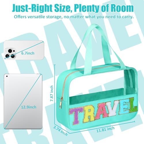 BuyCard Chenille Letter Patch Clear Travel Bags, Preppy PVC&Nylon Makeup Bag with Handle and Zipper, Waterproof Large Clear Travel Toiletry Bag Storage Bag for Women Girls(Blue-Green) - Image 2