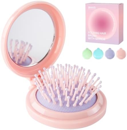 RHOS Folding Brush with Mirror for Women, Girls - Compact Pocket Portable Hair Brush with Soft Nylon Bristles for Purse and Travel (Pink) by RHOS