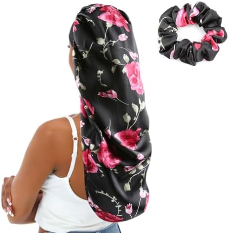 Extra Large Satin Bonnet Sleep Cap for Women, Double-Layer Silky Hair Bonnet with Tie Band for Braids/Curly/Long Hair - Black Floral by senthair