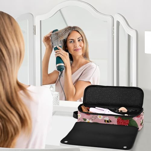 Hair Tools Travel Bag with Heat Resistant Mat 2-in-1 Hot Tools Travel Bag Organizer Flat Curling Iron Travel Case for Straightener Pink Bees Flowers Strawberry - Image 6