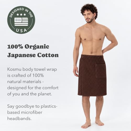 Luxury Organic Japanese Cotton Waffle Body Towel Wrap for Men | Sauna, Spa, Onsen, Shower Towel with Adjustable Snap Closure and Pocket | Ultra Plush 450 GSM (Dark Cocoa, L/XL) - Image 3
