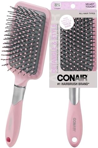 Conair Velvet Touch Paddle Cushion hair brush - Detangling hairbrush - curly or straight styles - men or women - detangler - features soft touch handle - Blush Pink by conair