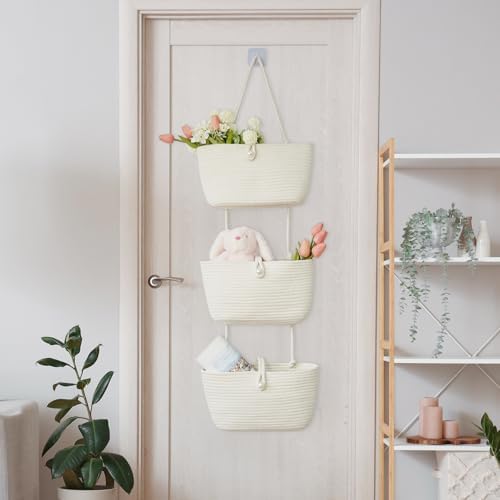 TeoKJ 3-Tier Hanging Baskets for Storage with Pearl Button Strap, Over The Door Storage Baskets for Bathroom, Bedroom, Closet, Door Storage Organizer for Decoration, White - Image 6