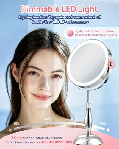 1X/30X 8" Magnifying Makeup Mirror with Lights, Height Adjustable for Desk - Image 2