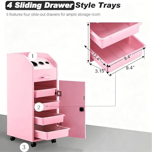 Hair Salon Storage Cart with Locable Wheels & 3 Hair Dryer Holders & 4 Drawers & Lock & 2 Keys, Rolling Salon Cart for Hair Stylist, Hairdresser, Beauty (Pink-) - Image 3