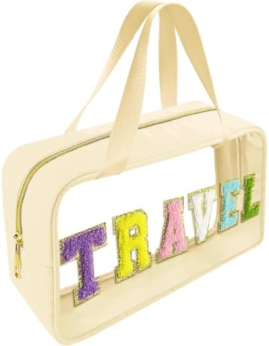 Bunliuys Chenille Letter Clear Makeup Bag Travel Patch, Travel Toiletry Makeup Bag with Handle, Nylon Waterproof Makeup Bags clear cosmetic bag, preppy patch makeup bag for Women (TRAVEL-Beige) by Bunliuys