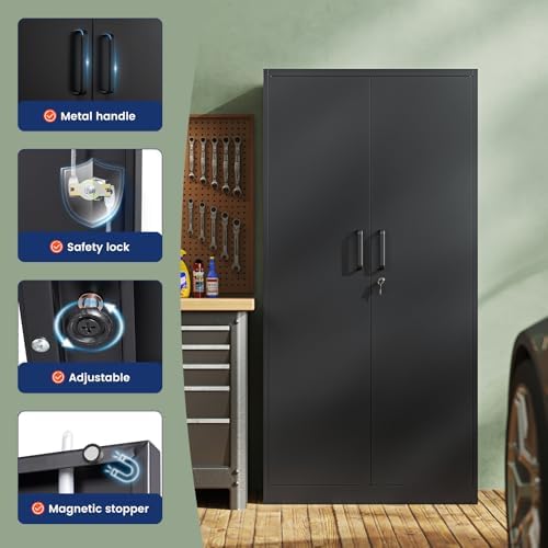 Yizosh Metal Garage Storage Cabinet with 2 Doors and 5 Adjustable Shelves - 71" Steel Lockable File Cabinet,Locking Tool Cabinets for Office,Home,Garage,Gym,School (Black) - Image 4
