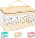 Chenille Letter Clear Makeup Bags Mama Pouch, Preppy Patch Makeup Bag Zipper with Handle, Transparent PVC & Nylon Waterproof Glitter Cosmetic Handbag Travel Toiletry Storage for Women Girl(MAMA-Beige) by izuzta