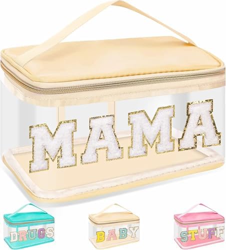 Chenille Letter Clear Makeup Bags Mama Pouch, Preppy Patch Makeup Bag Zipper with Handle, Transparent PVC & Nylon Waterproof Glitter Cosmetic Handbag Travel Toiletry Storage for Women Girl(MAMA-Beige) by izuzta