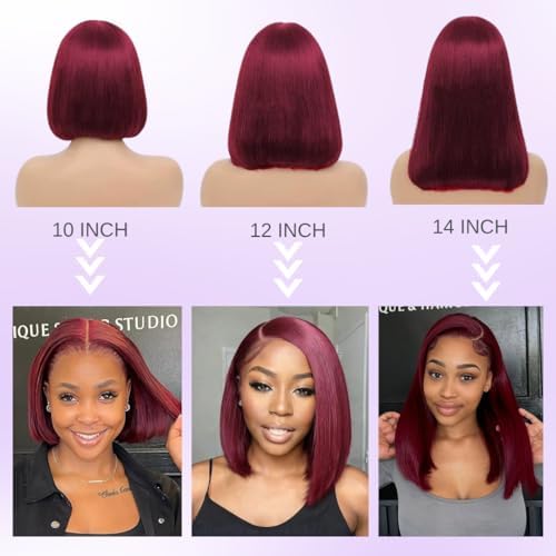 ALHER Short Bob Wig 99J Dark Burgundy, 12A Straight Small Cap 13x4 Lace Frontal Wigs Human Hair Pre Plucked With Baby Hair, Small Cap Wig Size 21-21.5 180% Density for Black Women 12 Inch - Image 5