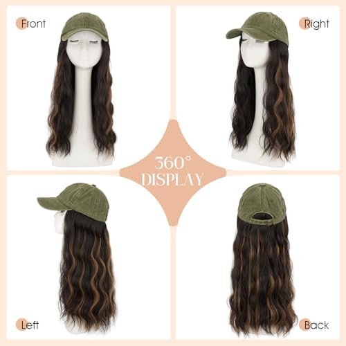 Rich Choices Hat Wigs for Women,Olive Green Baseball Cap with Hair Extensions for Women,Caps with Wavy Curly Long Hair Attached Adjustable Baseball Cap Wig 18 Inch Highlighted Dark Brown Hair - Image 5