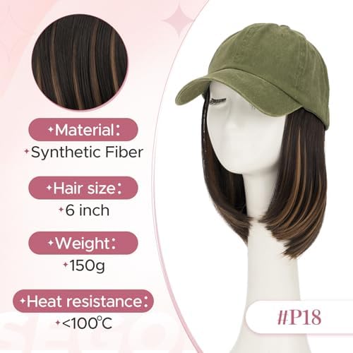 SEGO Unisex Vintage Baseball Cap with Hair Extensions for Women Synthetic Hair Attached Hairpiece Olive Green Baseball Cap Wig Adjustable Hat Wigs for Women 6 Inch 10P22T Medium Brown Mix Dark Blonde - Image 5