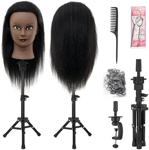 14"-16" 100% Real Hair Mannequin Head with Tripod Stand & Table Clamp, Human Hair Braiding Manikin Doll Head for Cosmetology Practice by NeverlandBeautyHealth