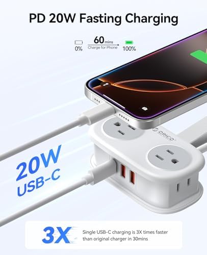 ORICO PD 20W USB-C Travel Power Strip with 4 AC Outlets 3 USB Ports - Image 3