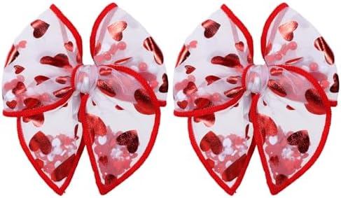Glitter Valentines Shaker Bows Alligator Clips for Girls Women, 2Pcs 4" Red Heart Mesh Tulle Ribbon Fable Bow Hair Barrettes Gift for Kids Birthday Wedding Party Dress Decor Accessory by Miroksh