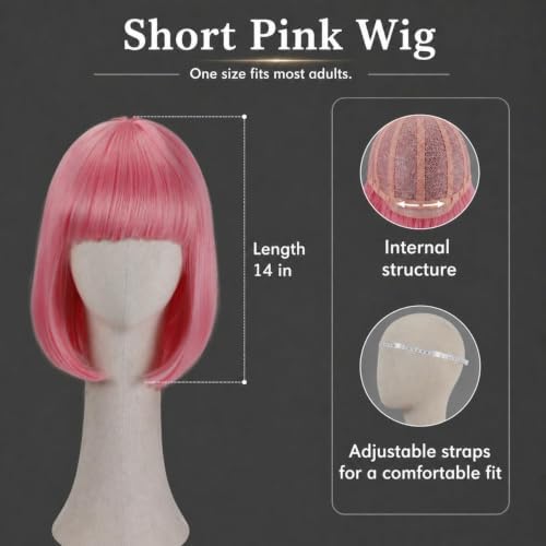 Short Pink Bob Wig with Bangs for Women - Image 5
