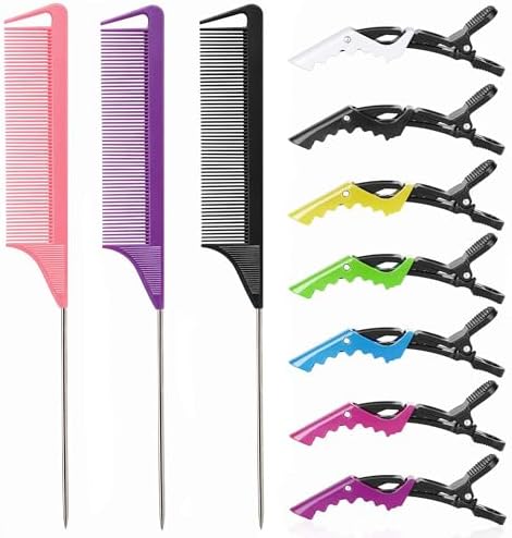 Rat Tail and Parting Combs with Styling Clips: 3 Metal Teasing Combs for Braids, 7 Professional Sectioning Hair Clips by Kunihiko