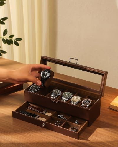 Watch Box for Men, 6 Slot Watch Case with Glass Lid Fits 48mm - Image 2