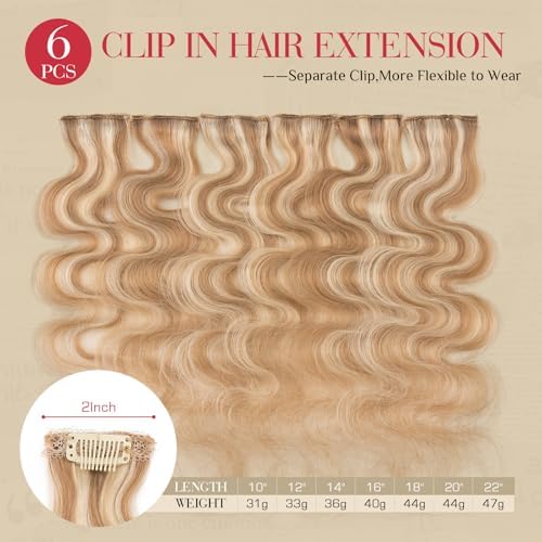 Rich Choices Clip In Hair Extension Real Human Hair-Wave/Curly 6 Pcs Single Clip Hairs Extension for Women-Invisible Mini Clips in Hairpieces-16 Inch #12P613 Golden Brown Highlighted Bleach Blonde - Image 2