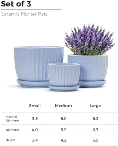 Flower Pots，Ceramic Pots with Drainage Holes & Saucers Set of 3(Sky Blue) - Image 3