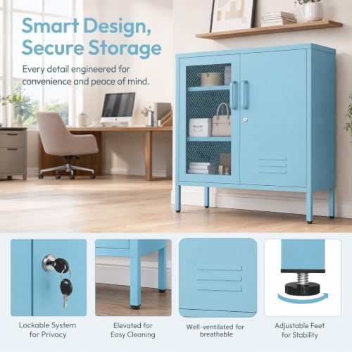 Lockable Metal Storage Cabinet Locker, Multifunctional Versatile Display Storage Lockers with Adjustable Shelves and Mesh Door, Durable Metal Side Table Furniture for Restaurant Home Office Blue - Image 3