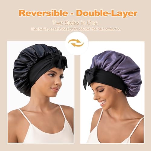 GDTOGRT Satin Silk Bonnet for Sleeping Women - Double Layer Sleep Hair Bonnets Caps for Curly Braid Hair with Tie Band - Image 2