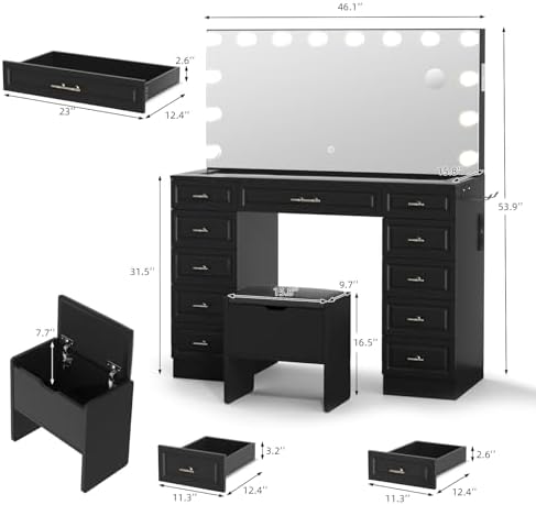 VOWNER Vanity with Lighted Mirror, Makeup Vanity Desk w/Bluetooth Speaker - Image 2