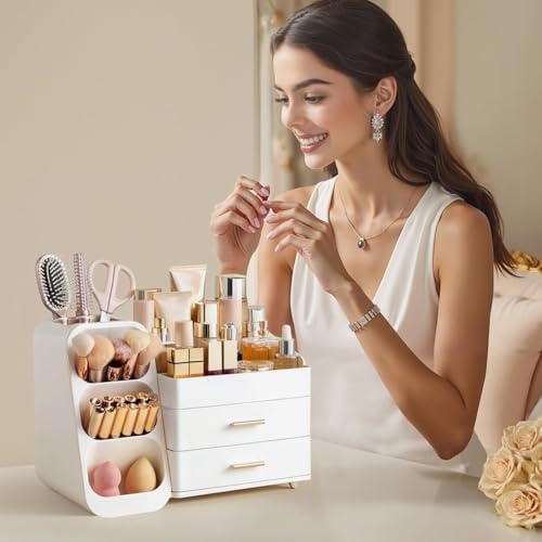 HBlife Makeup Organizer with Brush Holder for Vanity, Large Plastic Bathroom Countertop Organizer Skin Care Storage, Easy to Store Lipsticks, Nail Polishes, Perfumes, Eyeshadow Palettes, All White - Image 6