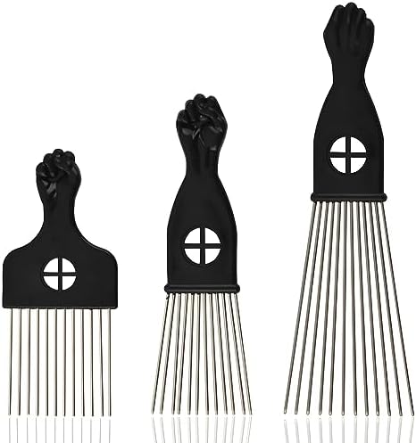 3-Piece Stainless Steel Afro Hair Pick Set, Fist Design for Men & Women, Perfect for Natural Curly Afro Hair, Essential Hairdressing Styling Tool by KootinnUSOnline