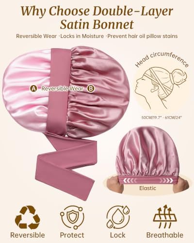 CHLINS Double Layer Satin Bonnet for Sleeping, Hair Bonnet for Curly Hair - Image 3