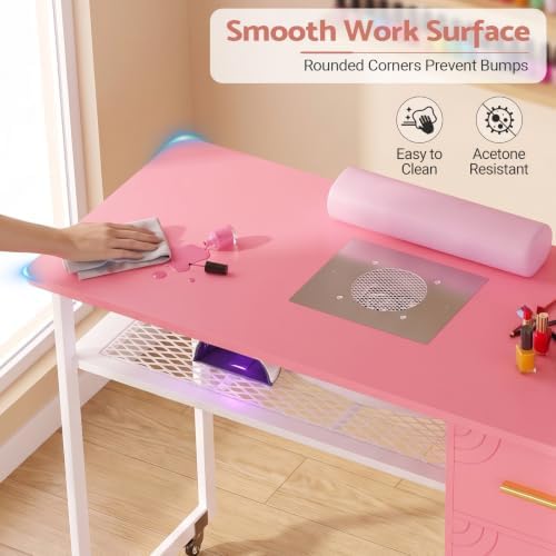Manicure Table Nail Desk with Dust Collector & Wheels (Pink) - Image 6