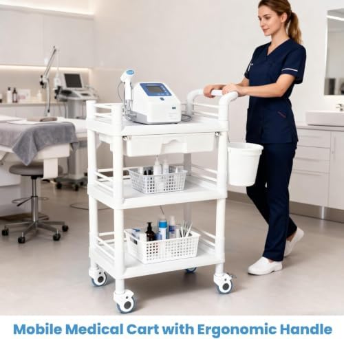 3 Tier Rolling Medical Cart, Utility Trolley with Drawer & Wheels - Image 5
