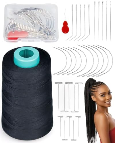 FIVEIZERO 900yd Black Sew in Hair Extension Thread and 30pcs T/C/J/I Needle by FIVEIZERO