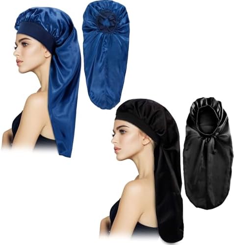 2Pcs Long Satin Bonnet Sleep Caps, Hair Bonnets,Black+Navy Blue - Image 3
