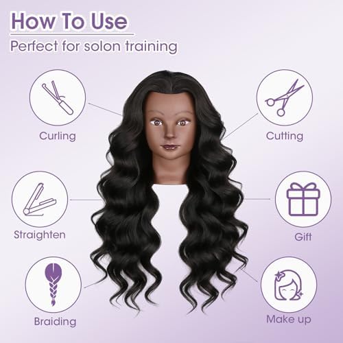 Mannequin Head with 80% Real Hair, 26" Styling Training Head Cosmetology Mannequin Head, Practice Training Doll Head with Clamp Holder and Tools (Black) - Image 5
