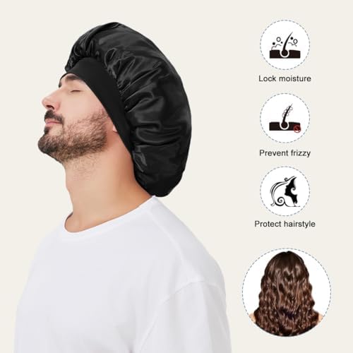 2 PCS Satin Silk Bonnet for Men Women, Hair Bonnet for Sleeping Men with Elastic Band, Large Silk Bonnet for Women Curly Hair Braids (Black+Black) - Image 4