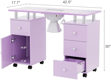OmySalon Manicure Table Nail Desk for Nail Tech, Nail Table Station w/Electric Dust Collector, Makeup Storage for Beauty Salon Acetone Resistant w/Lockable Wheels,Wrist Cushion,Drawers,Cabinet,Purple - Image 7