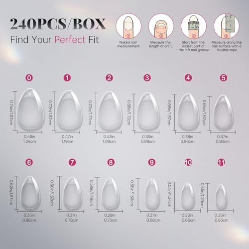 krofaue Almond Nail Tips 240pcs - Half Matte Short Press On Nails, 12 Sizes Pre-Shaped Extra Short Clear Tips for Full Cover Nail Extensions DIY - Image 2