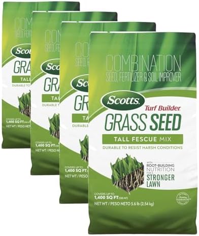 Scotts Turf Builder Grass Seed Tall Fescue Mix - Durable to Resist Harsh Conditions, Lawn Seed, Grass Fertilizer & Soil Improver, Covers up to 1,400 sq. ft., 5.6 lb. (Pack of 4) by Unknown