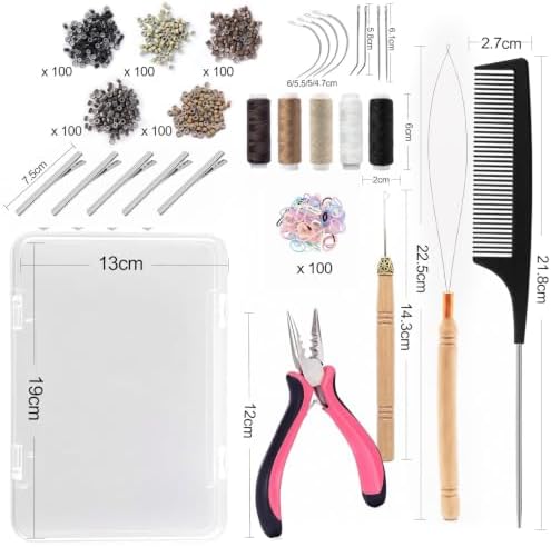Hair Extension Tools Kit, 500 Silicone Beads, 1 Crochet Hook, 1 Comb, 1 3-Hole Pliers, 1 Threader, 5 Threads, 5 Clips, 8 C/J/I Needles, 100 Bands, 1 Storage Box - Image 2