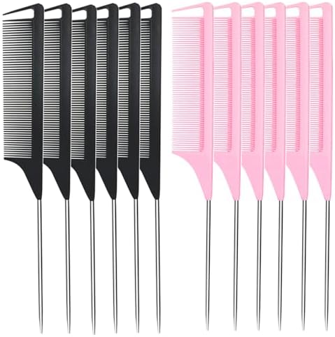 Rat Tail Combs 12PCS, Parting Combs for Braiding Hair Carbon fiber heat-resistant anti-static, for Sectioning, Parting, Styling Hair (Black+Pink) by Rabetly