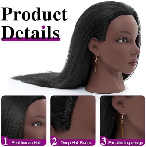 20" Mannequin Head Human Hair,100% Real Hair Mannequin Head,Cosmetology Mannequin Doll Head for Practice Braiding Hairstyling with Table Clamp&Braiding Set - Image 3