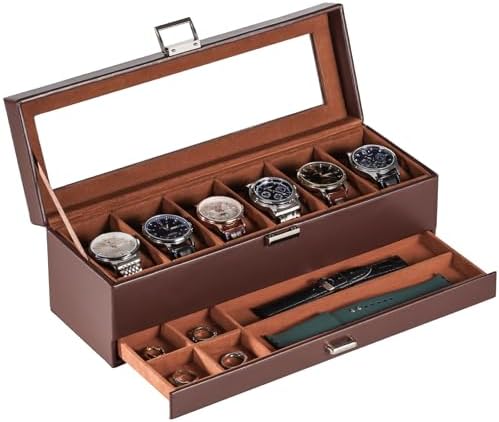 Lolalet Watch Case for Men, 6 Slot Watch Display Case with Clear Glass Lid, 2-Layer Mens Watch Box Watch Holder, 6 Watch Box Organizer, Watch Storage Case With Drawer -Espresso by Lolalet