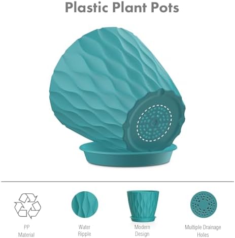 Meowell 6 inch Flower Pots, 5 Pack Plant Pots for Indoor Plants, Water Ripples Plastic Planters with Drainage Holes and Saucers, Nursery Pots for Small Succulent Garden House Plants, Blue Green - Image 4