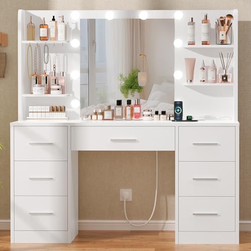 Quimoo Large Vanity Desk with LED Lighted Mirror & Power Outlet,Makeup Vanity Table with 7 Drawers,4 Shelves and 5 Hooks,Vanity Table, Vanity Desk Set for Bedroom,Bathroom,White by QUIMOO